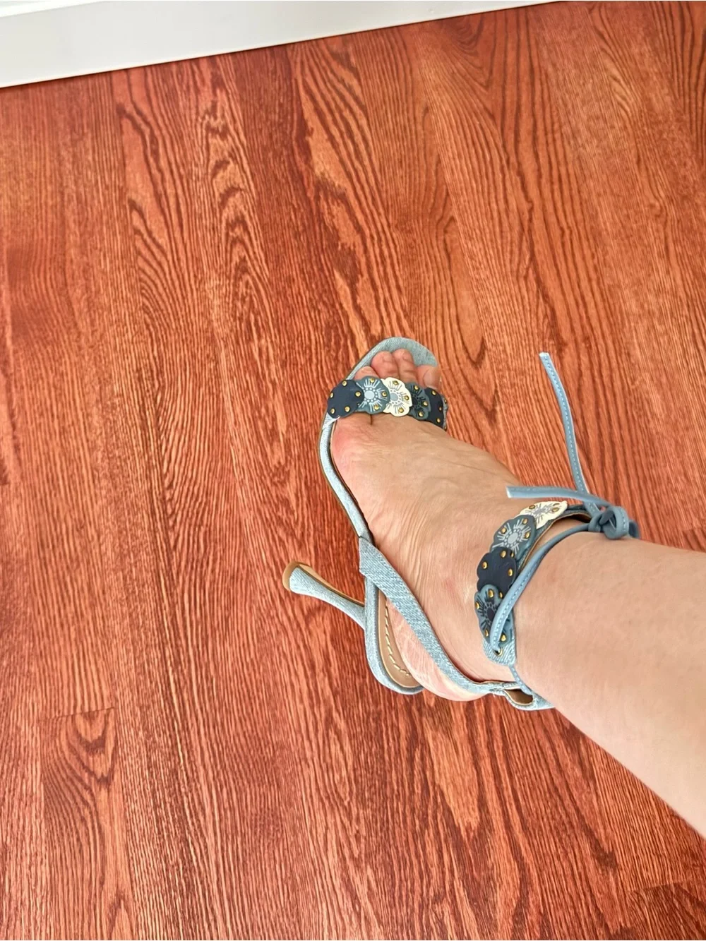 Coach Light Blue Denim Floral Appliqué High Heel Sandals